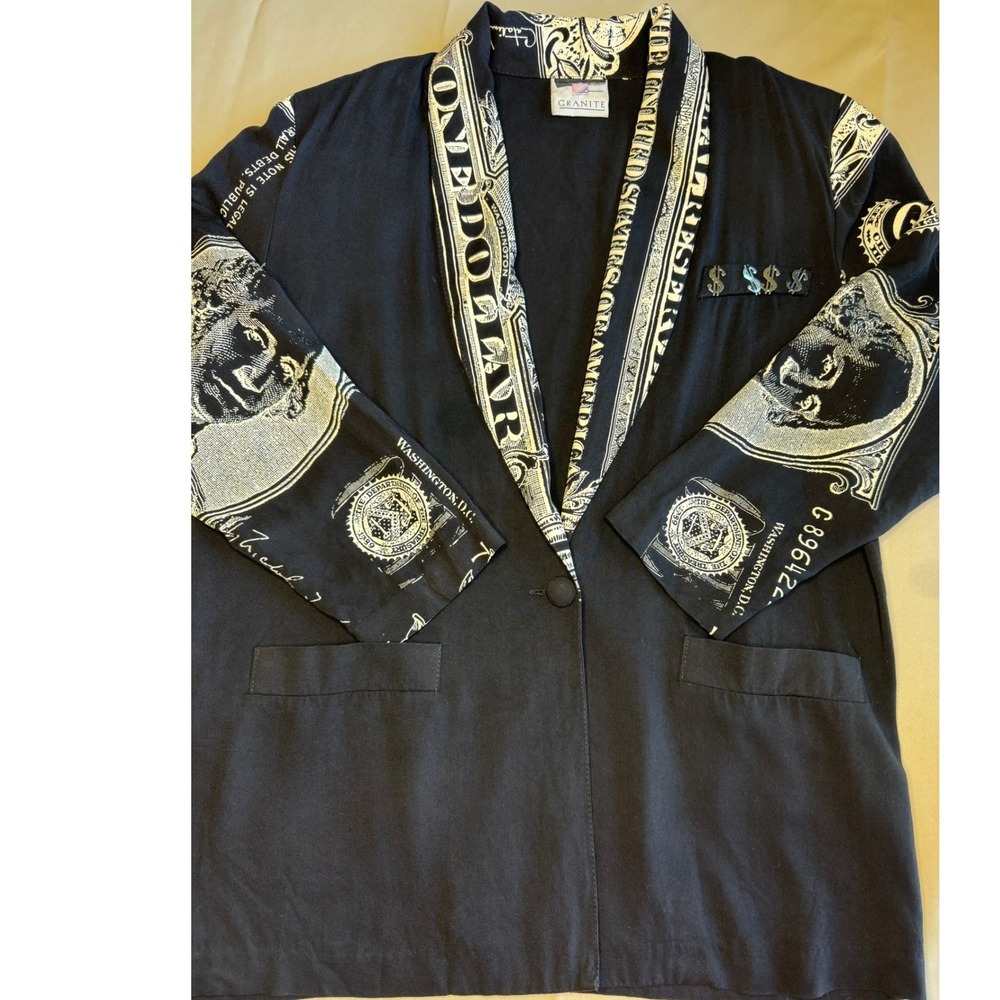 Vintage 90s Granite Bling Dollar Bill Print Blazer Jacket Black White Small